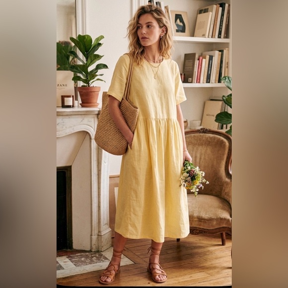 Vintage Dresses & Skirts - Vintage Handmade Linen Cotton Blend Midi Dress butter Yellow Cottagecore Size L